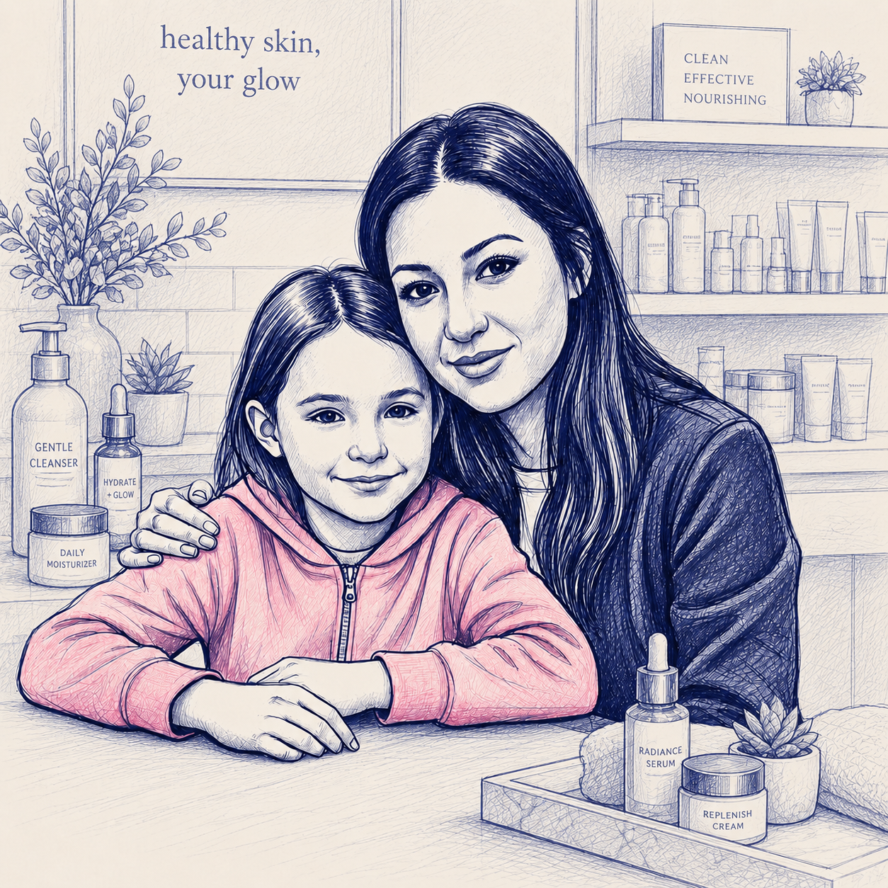 Illustrated portrait of the Polished Marie founder with her daughter