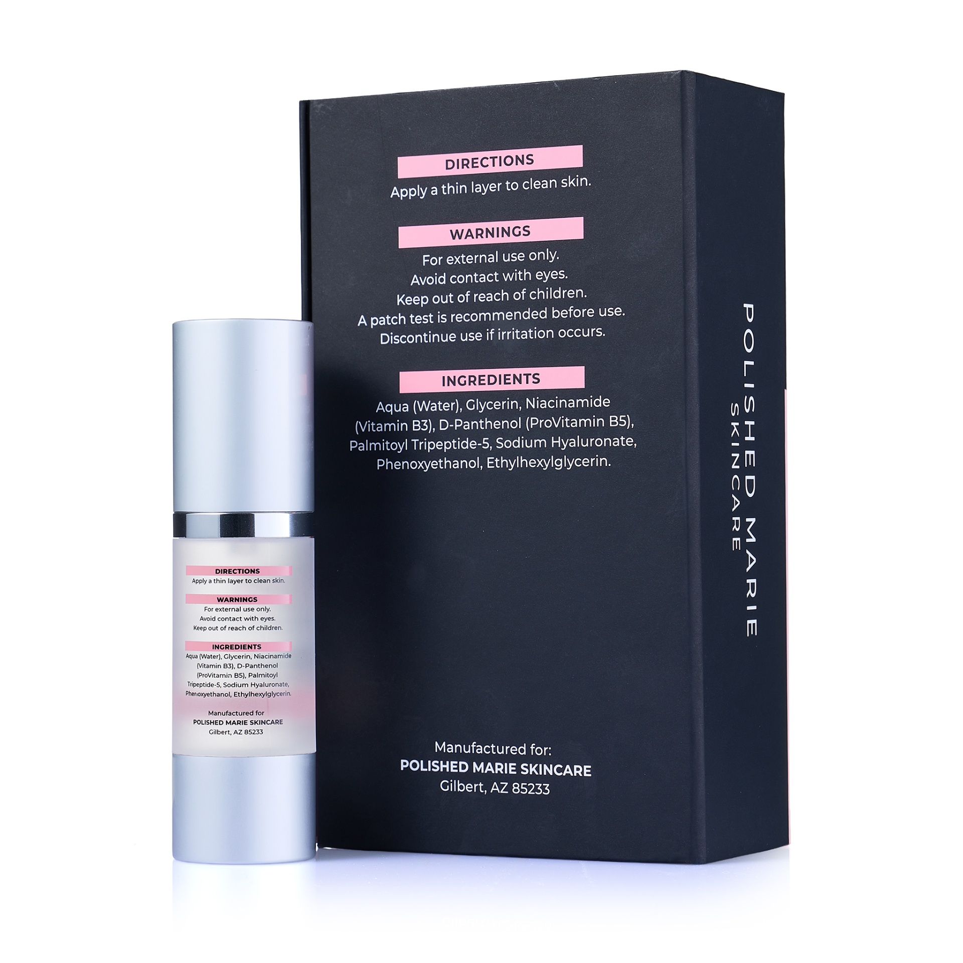 Polished Marie serum back of box showing ingredients and directions